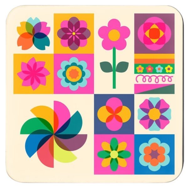 Square retro risograph coaster featuring bold geometric florals in bright pink, orange, blue, and yellow tones.