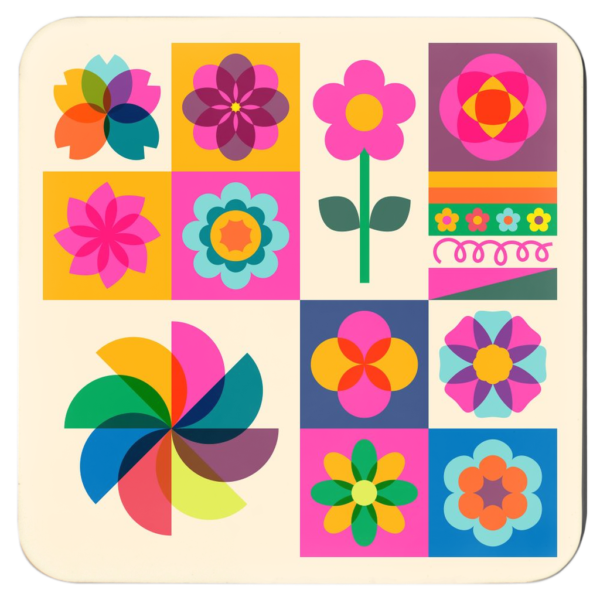 Square retro risograph coaster featuring bold geometric florals in bright pink, orange, blue, and yellow tones.