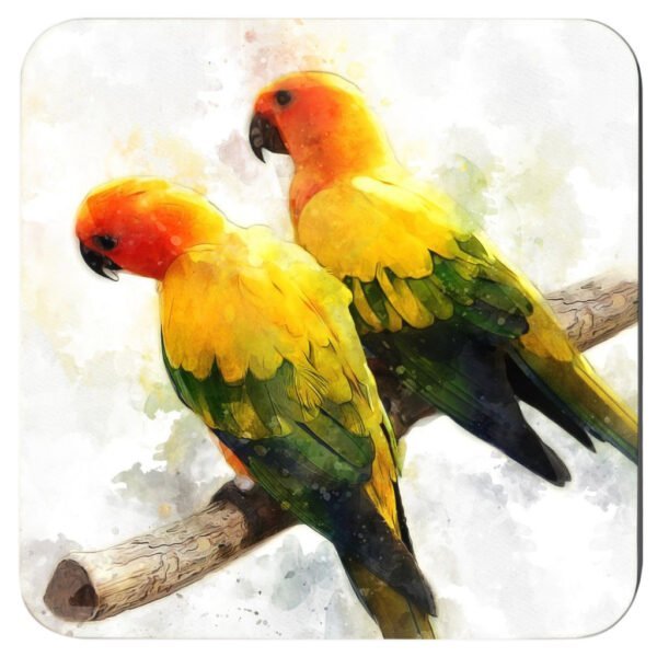 Square coaster with image of a pair of Sun Conure parrots in watercolor style.