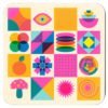 Square retro risograph coaster featuring bold geometric florals in bright pink, orange, blue, and yellow tones.