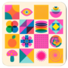 Square retro risograph coaster featuring bold geometric florals in bright pink, orange, blue, and yellow tones.