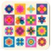 Square retro risograph coaster featuring bold geometric florals in bright pink, orange, blue, and yellow tones.