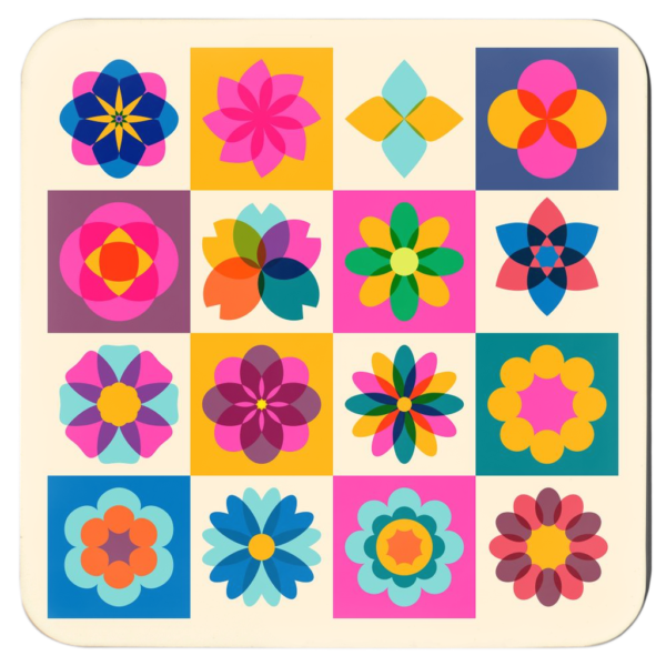 Square retro risograph coaster featuring bold geometric florals in bright pink, orange, blue, and yellow tones.