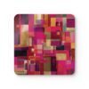 Set of four square coasters with a bright pink geometric design with layered abstract shapes in pink, gold, and white.