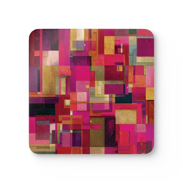 Set of four square coasters with a bright pink geometric design with layered abstract shapes in pink, gold, and white.