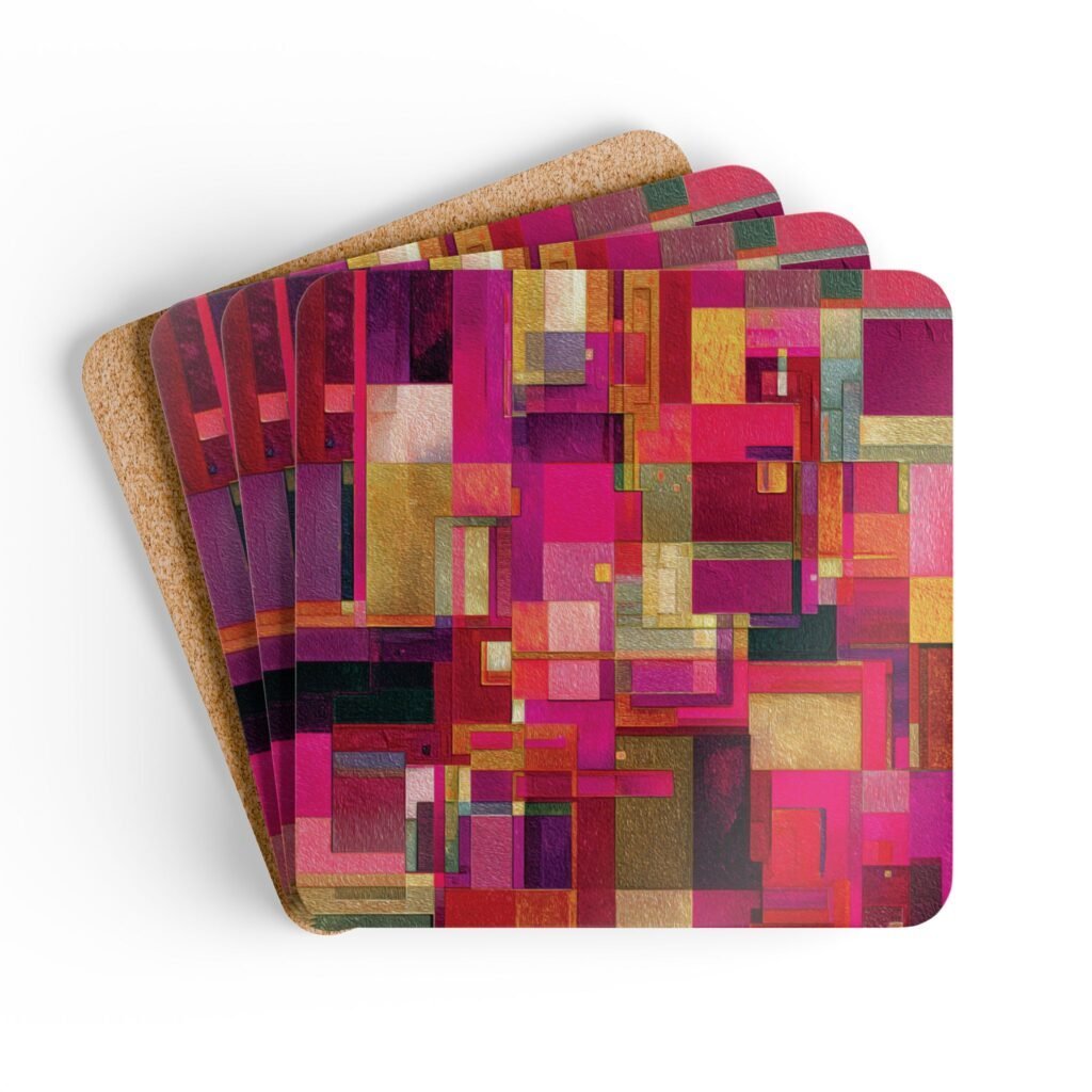 Set of four square coasters with a bright pink geometric design with layered abstract shapes in pink, gold, and white.