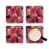Set of four square coasters with a bright pink geometric design with layered abstract shapes in pink, gold, and white.