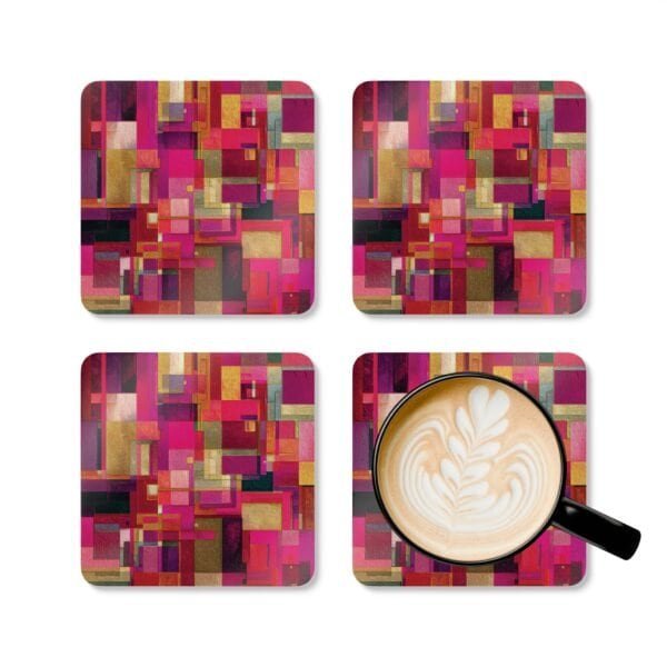 Set of four square coasters with a bright pink geometric design with layered abstract shapes in pink, gold, and white.