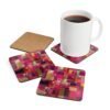 Set of four square coasters with a bright pink geometric design with layered abstract shapes in pink, gold, and white.