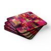 Set of four square coasters with a bright pink geometric design with layered abstract shapes in pink, gold, and white.