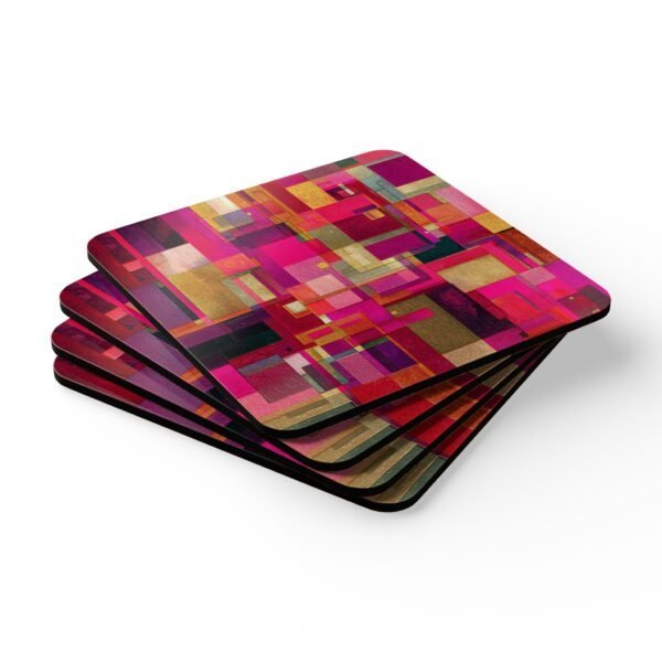 Set of four square coasters with a bright pink geometric design with layered abstract shapes in pink, gold, and white.