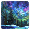Square coaster featuring a stained‑glass style design of evergreen trees under swirling aurora lights in shades of blue, green, and purple.