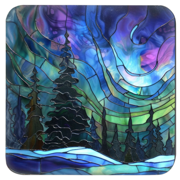 Square coaster featuring a stained‑glass style design of evergreen trees under swirling aurora lights in shades of blue, green, and purple.