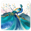 Square coaster with an image of a peacock in watercolor style featuring shades of blue, purple, green and gold.