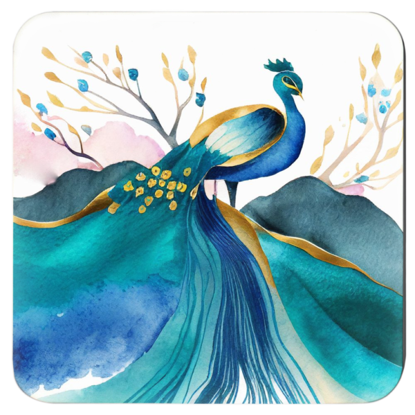 Square coaster with an image of a peacock in watercolor style featuring shades of blue, purple, green and gold.