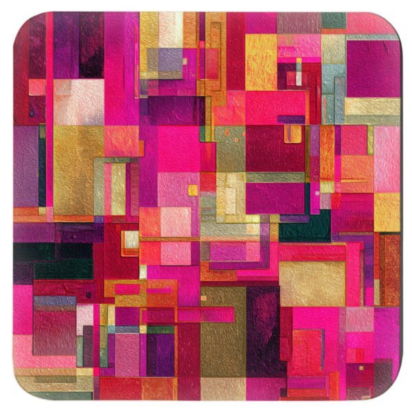 Square coaster with a bright pink geometric design with layered abstract shapes in pink, gold, and white.
