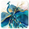 Square coaster with an image of a peacock in watercolor style featuring shades of blue, purple, green and gold.