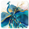 Square coaster with an image of a peacock in watercolor style featuring shades of blue, purple, green and gold.