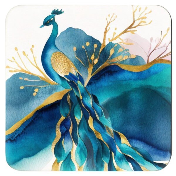 Square coaster with an image of a peacock in watercolor style featuring shades of blue, purple, green and gold.