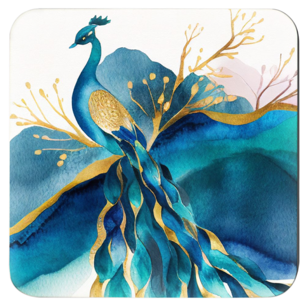 Square coaster with an image of a peacock in watercolor style featuring shades of blue, purple, green and gold.