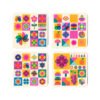 Retro risograph coaster set featuring bold geometric florals in bright pink, orange, blue, and yellow tones arranged in a four‑piece layout.