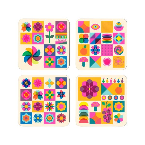 Retro risograph coaster set featuring bold geometric florals in bright pink, orange, blue, and yellow tones arranged in a four‑piece layout.