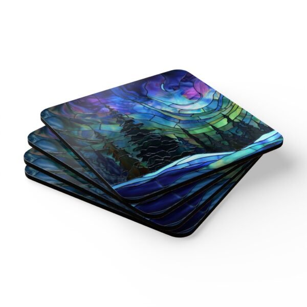 Square coaster set featuring a stained‑glass style design of evergreen trees under swirling aurora lights in shades of blue, green, and purple. Shown stacked on a table.