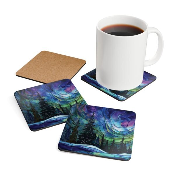 Square coaster set featuring a stained‑glass style design of evergreen trees under swirling aurora lights in shades of blue, green, and purple. Shown with a mug for scale.