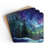Square coaster set featuring a stained‑glass style design of evergreen trees under swirling aurora lights in shades of blue, green, and purple.