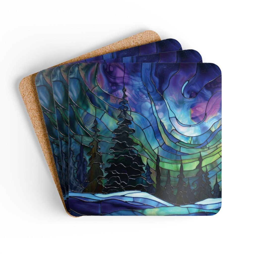 Square coaster set featuring a stained‑glass style design of evergreen trees under swirling aurora lights in shades of blue, green, and purple.