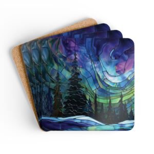 Square coaster set featuring a stained‑glass style design of evergreen trees under swirling aurora lights in shades of blue, green, and purple.