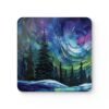 Square coaster featuring a stained‑glass style design of evergreen trees under swirling aurora lights in shades of blue, green, and purple.