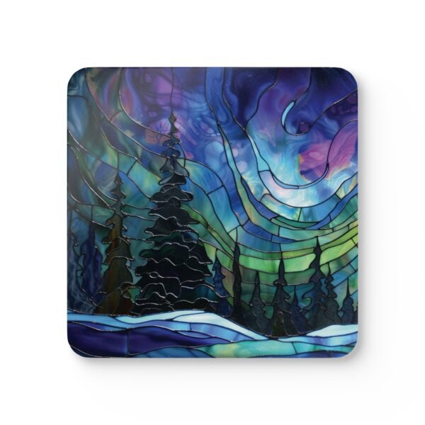 Square coaster featuring a stained‑glass style design of evergreen trees under swirling aurora lights in shades of blue, green, and purple.