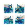 Set of four square coasters with an image of a peacock in watercolor style featuring shades of blue, purple, green and gold.