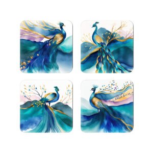 Set of four square coasters with an image of a peacock in watercolor style featuring shades of blue, purple, green and gold.