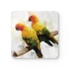 Square coaster with image of a pair of Sun Conure parrots in watercolor style.