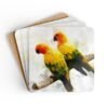 Set of four square coaster with image of a pair of Sun Conure parrots in watercolor style. Shown stacked on a table.