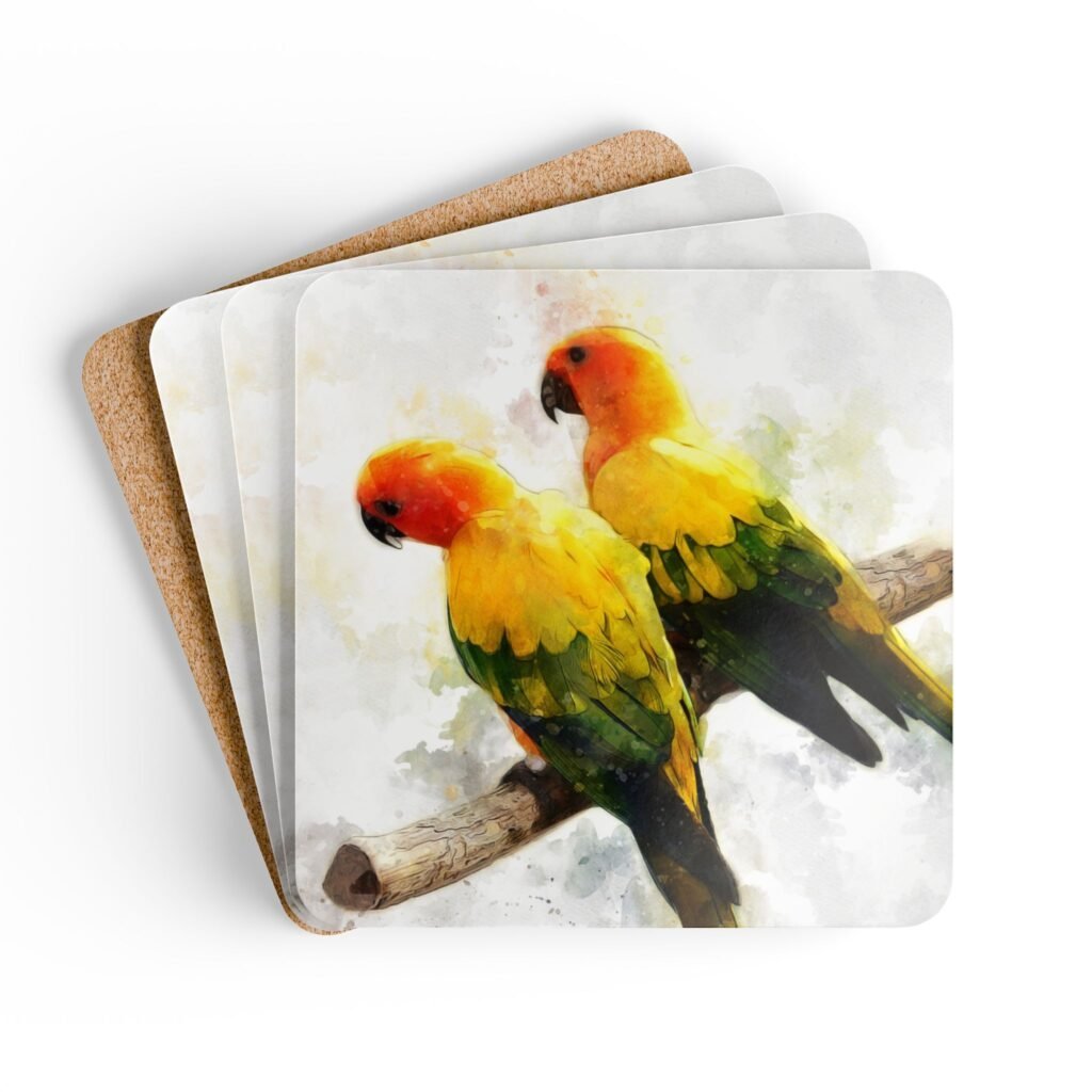 Set of four square coaster with image of a pair of Sun Conure parrots in watercolor style. Shown stacked on a table.