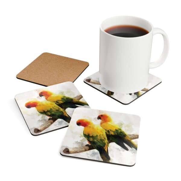 Set of four square coaster with image of a pair of Sun Conure parrots in watercolor style. Shown with mug for scale.