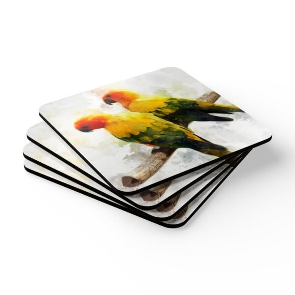 Set of four square coaster with image of a pair of Sun Conure parrots in watercolor style. Shown stacked on a table.